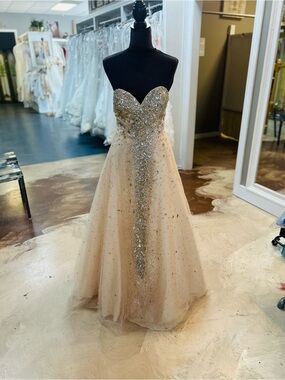 Kiera Couture Strapless Beaded Tulle Prom Dress in Champagne